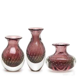 Set of 3 Small Glass Vases Bubble Effect Purple with Gold Murano Style Art Glass