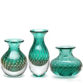 Set of 3 Small Glass Vases Bubble Effect Green with Gold Murano Style Art Glass