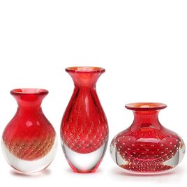 Set of 3 Small Glass Vases Bubble Effect Red with Gold Murano Style Art Glass