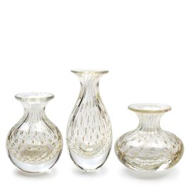 Set of 3 Small Glass Vases Bubble Effect Transparent with Gold Murano Style Art Glass