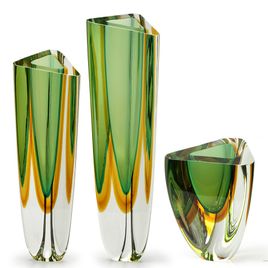 Set of 3 Triangles Glass Vases Model 1, 2 and 4 Bicolor Green with Amber Murano Style Art Glass