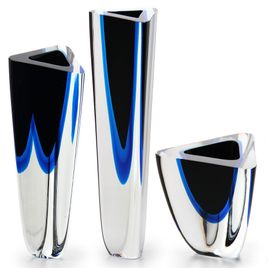 Set of 3 Triangles Glass Vases Model 1, 2 and 4 Bicolor Black with Aquamarine Murano Style Art Glass