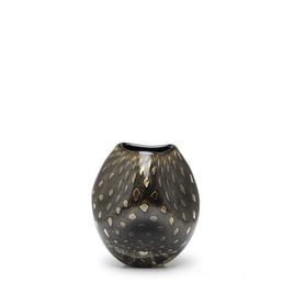 Small Glass Vase Roca Model 3 Bubble Effect Black with Gold Leaves Murano Style Art Glass