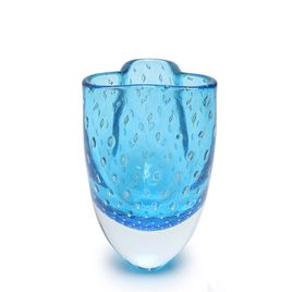 Clover Glass Vase Model 2 Bubble Effect Aquamarine with Gold Murano Style Art Glass