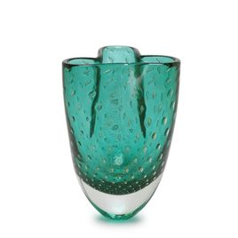 Clover Glass Vase Model 2 Bubble Effect Green with Gold Murano Style Art Glass