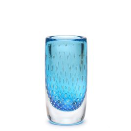 Glass Vase Cylindrical Model 2 Bubble Effect Aquamarine with Gold Murano Style Art Glass