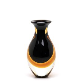 Small Tall Glass Vase Bicolor Black with Amber Murano Style Art Glass