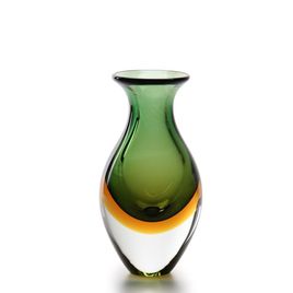 Small Tall Glass Vase Bicolor Green with Amber Murano Style Art Glass