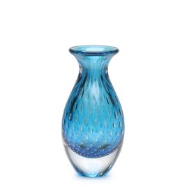 Small Tall Glass Vase Bubble Effect Aquamarine with Gold Murano Style Art Glass