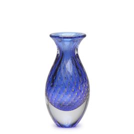 Small Tall Glass Vase Bubble Effect Blue with Gold Murano Style Art Glass