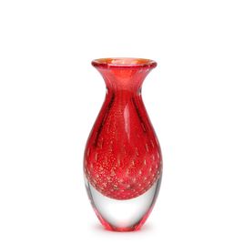 Small Tall Glass Vase Bubble Effect Red with Gold Murano Style Art Glass