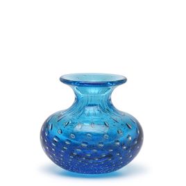 Small Low Glass Vase Bubble Effect Aquamarine with Gold Murano Style Art Glass