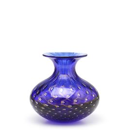 Small Low Glass Vase Bubble Effect Blue with Gold Murano Style Art Glass