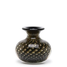 Small Low Glass Vase Bubble Effect Black with Gold Murano Style Art Glass