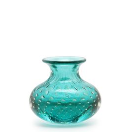 Small Low Glass Vase Bubble Effect Green with Gold Murano Style Art Glass