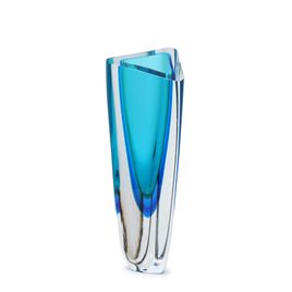 Glass Vase Triangle Model 2 Bicolor Green with Aquamarine Murano Style Art Glass