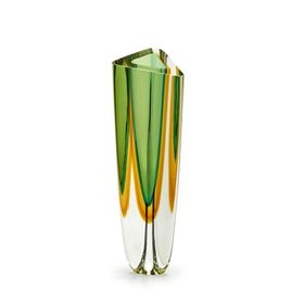 Glass Vase Triangle Model 2 Bicolor Green with Amber Murano Style Art Glass