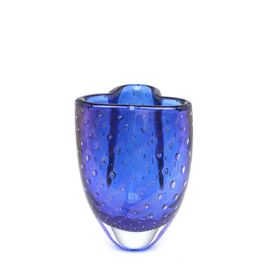 Clover Glass Vase Model 3 Bubble Effect Blue with Gold Murano Style Art Glass