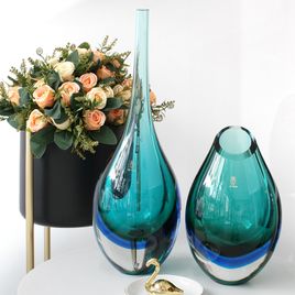 Low Drop Glass Vase Bicolor Green with Aquamarine Murano Style Art Glass