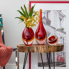 Low Drop Glass Vase Bicolor Red with Amber Murano Style Art Glass