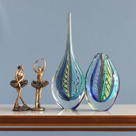 Low Drop Glass Vase Hippie Blue and Green Murano Style Art Glass