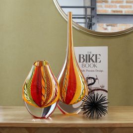 Low Drop Glass Vase Hippie Red, Orange and Yellow Murano Style Art Glass