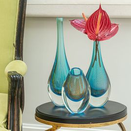 Small Low Drop Glass Vase Aquamarine with Gold Murano Style Art Glass