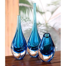 Small Low Drop Glass Vase Aquamarine Murano Style Art Glass