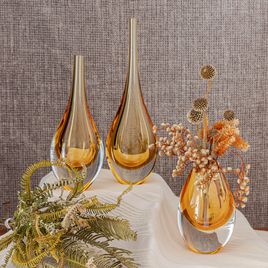 Small Low Drop Glass Vase Amber Murano Style Art Glass