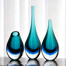 Small Low Drop Glass Vase Bicolor Green with Aquamarine Murano Style Art Glass