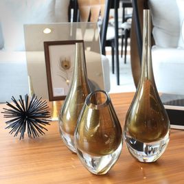 Small Low Drop Glass Vase Smoky with Gold Murano Style Art Glass