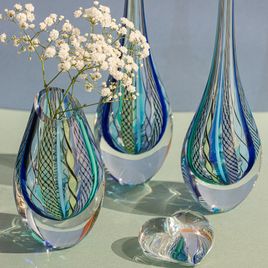 Small Low Drop Glass Vase Hippie Blue and Green Murano Style Art Glass
