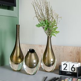 Small Low Drop Glass Vase Black with Gold Murano Style Art Glass