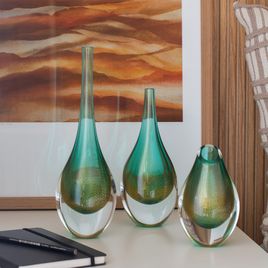 Small Low Drop Glass Vase Green with Gold Murano Style Art Glass