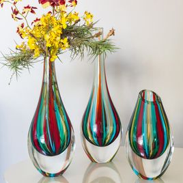 Small Low Drop Glass Vase with Colored Canes Murano Style Art Glass
