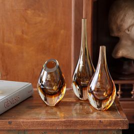 Small Medium Drop Glass Vase Bicolor Smoky with Amber Murano Style Art Glass