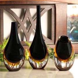 Small Medium Drop Glass Vase Bicolor Black with Amber Murano Style Art Glass